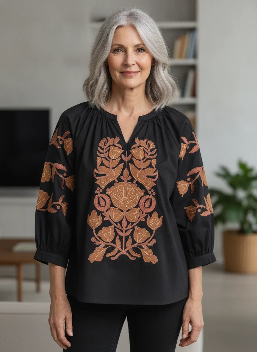 JODIFL BLACK WITH RUST & BROWN APPLIQUE EMBROIDERY TOP