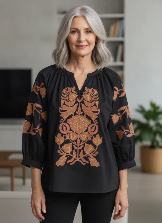 JODIFL BLACK WITH RUST & BROWN APPLIQUE EMBROIDERY TOP