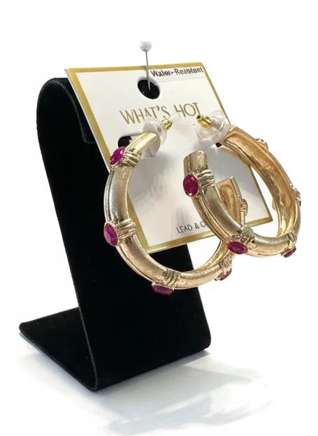 WHAT'S HOT WATER RESISTANT HAMMERED HOOP WITH HOT PINK CRYSTAL EARRINGS
