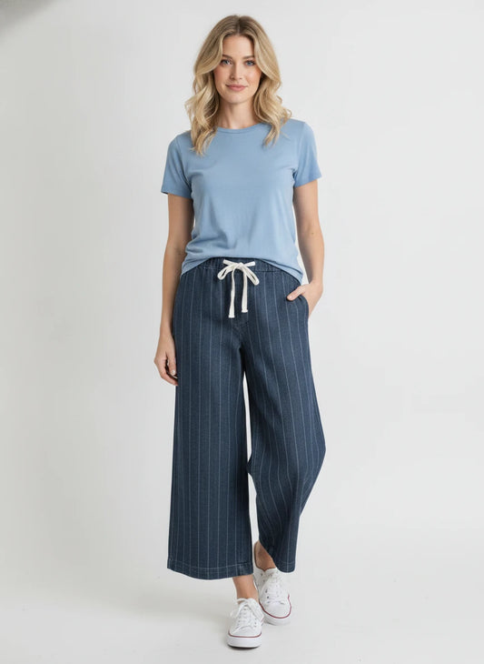 RISEN WIDE LEG STRIPE JEANS WITH DRAWSTRING WAIST