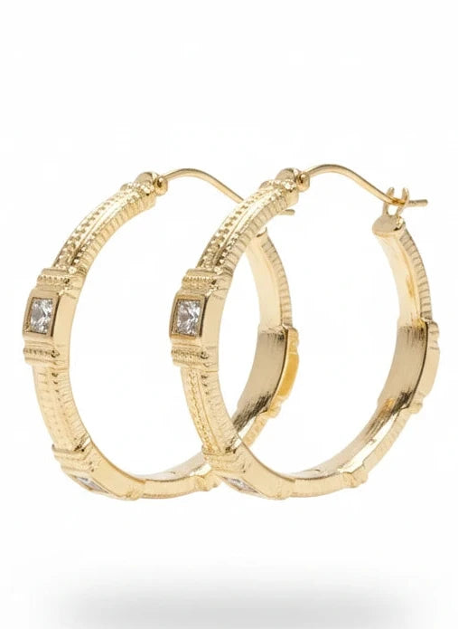 POMINA NY Gold Textured with Clear Crystal 1.5" Hoop Earrings