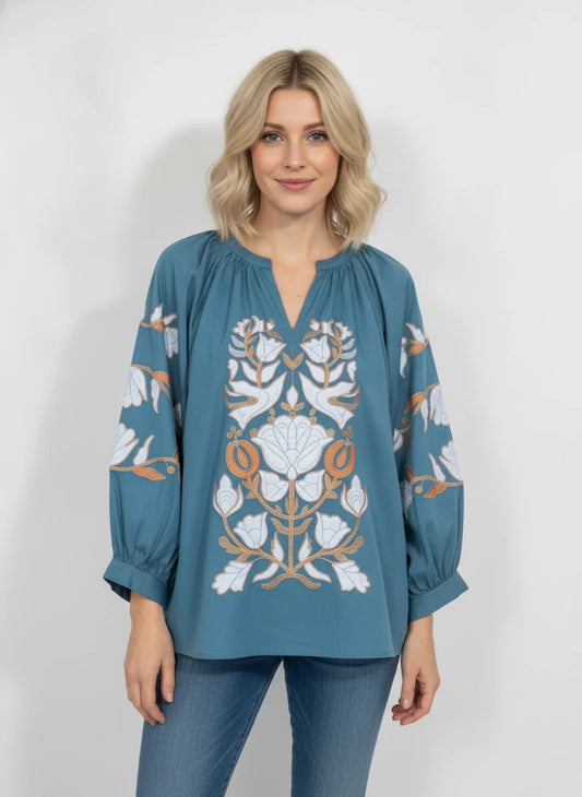 JODIFL TEAL AND BROWN TOP