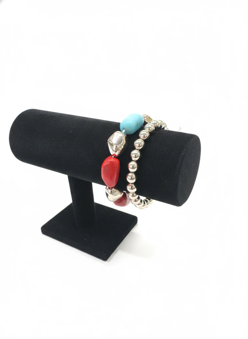 NINE NATURAL STONE & GOLD BEADED BRACELET SET