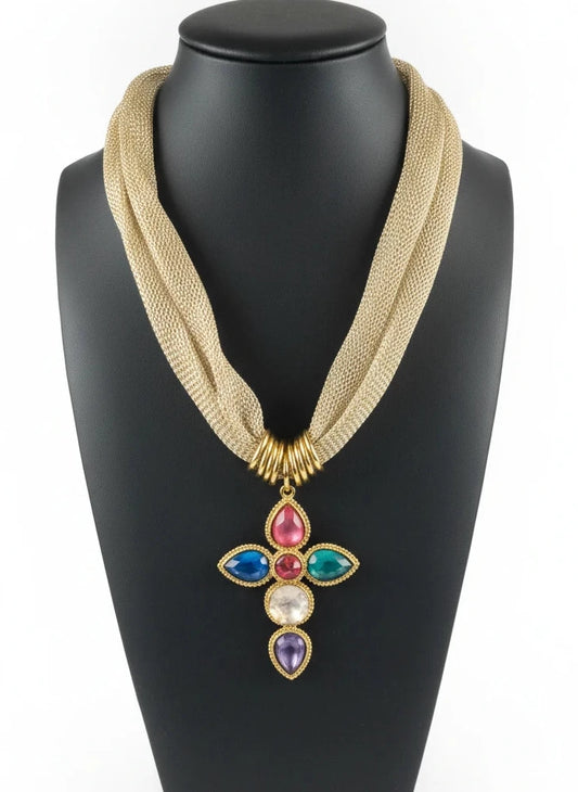 THE KATIE KOLLECTIVE GOLD MESH SCARF with COLORFUL CROSS
