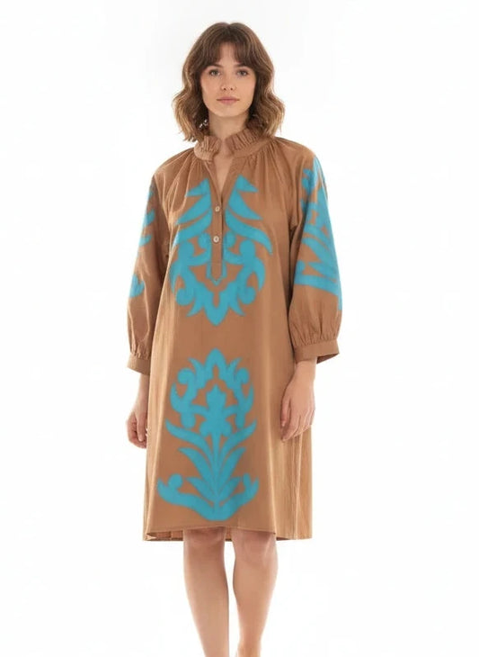 JODIFL BROWN BAROQUE with TEAL APPLIQUE DRESS