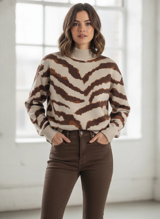 ENTRO ABSTRACT ANIMAL PRINT SWEATER IN CREAM & BROWN