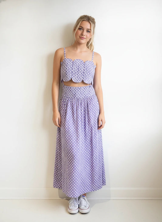 PURPLE POLKA DOT 2 PC MAXI SKRT & CROP TOP SET