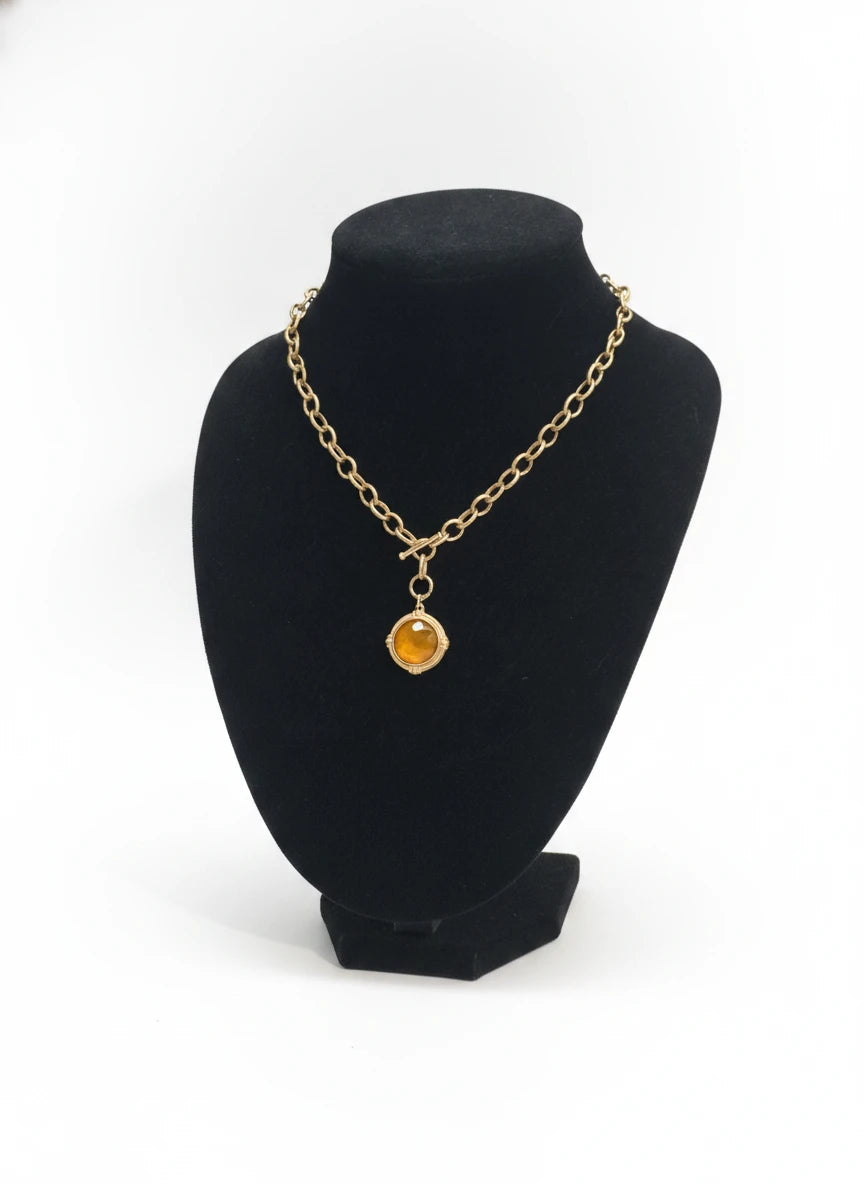 GOLD CHAIN with TOPAZ STONE CIRCLE CHARM NECKLACE