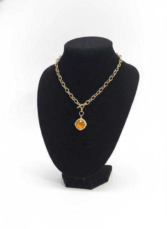 GOLD CHAIN with TOPAZ STONE CIRCLE CHARM NECKLACE