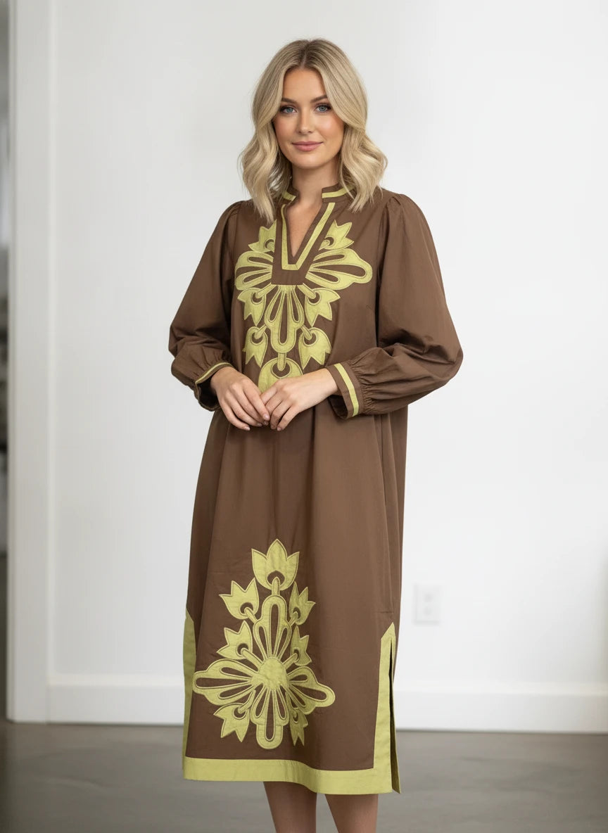 JODIFL BROWN & CHARTRUSE BARUQUE DRESS