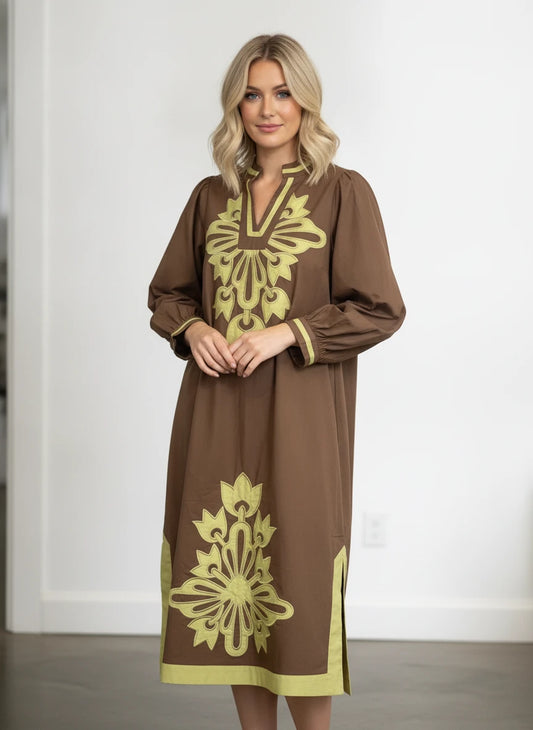 JODIFL BROWN & CHARTRUSE BARUQUE DRESS