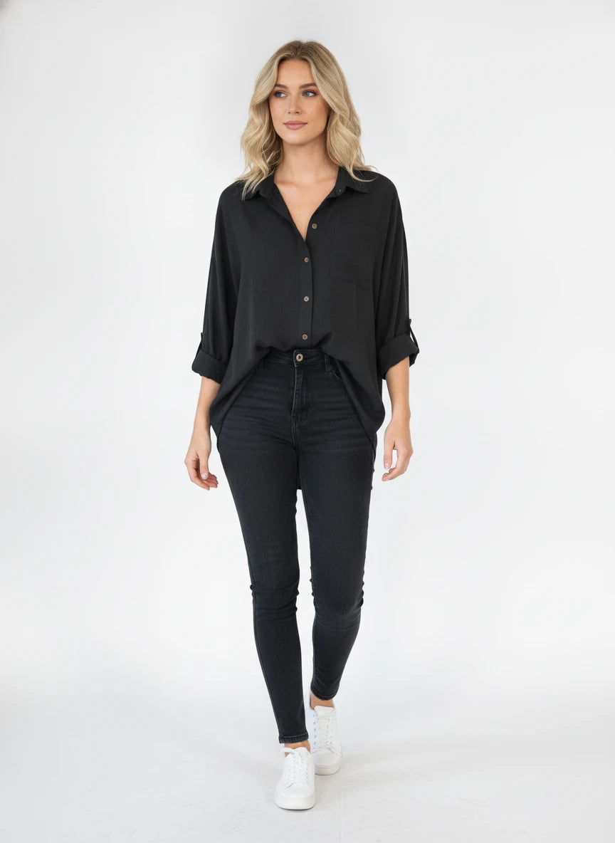 CUININ BLACK LINEN LOOK SHIRT