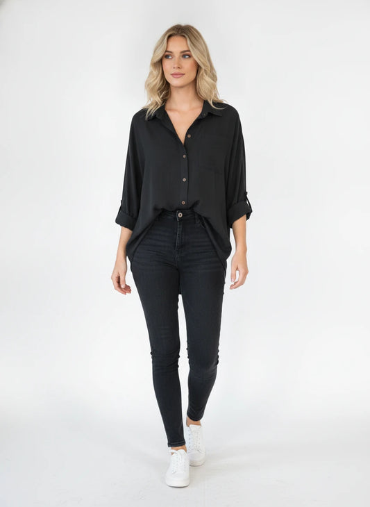 CUININ BLACK LINEN LOOK SHIRT
