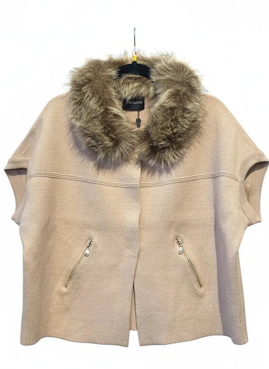 DOLCE CABO FAUX FUR TRIM CARDIGAN in CAMEL