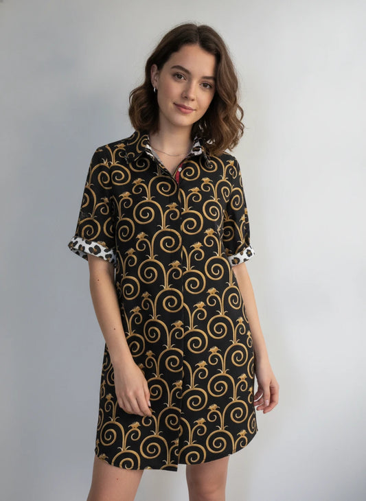 DIZZY LIZZIE CHATHAM BLACK & GOLD SWIRL PRINT DRESS