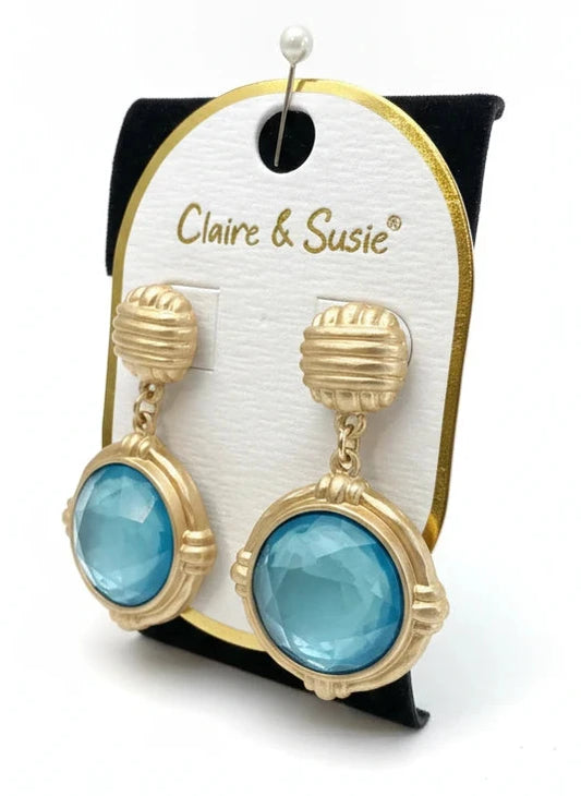 CLAIRE & SUSIE MATTTE GOLD TEXTURED CIRCLE WITH BLUE STONE EARRING